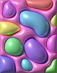 Aufkleber - Abstract colorful glossy bubble shapes embedded in a shiny pink surface. Modern, soft, background texture, 3D rendering illustration