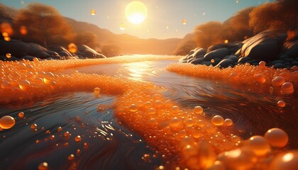 Wall Mural - flowing river of orange caviar like bubbles with dreamy golden sunlight