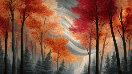 Fototapete -  A vivid depiction of an autumnal forest scene, featuring vibrant orange and red foliage on the trees against a serene sky backdrop