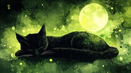 Wall Mural - a black cat sleeps against a green backdrop under a full moonlit sky