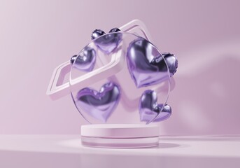 Poster - Purple minimal podium and heart decor for product display background 3d rendering