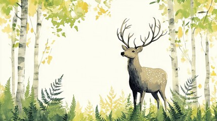 Canvas Print -   Deer stands amidst forest, surrounded by towering trees and lush ferns