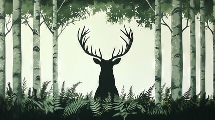 Canvas Print -   A deer stands amidst towering trees and lush ferns in a forest painting