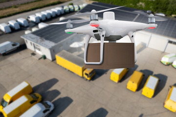 Poster - Drone with a package.  Unmanned delivery concept