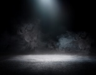 Wall Mural - podium black dark smoke background product platform abstract stage texture fog spotlight dark black floor podium dramatic empty night room table concrete wall scene place display studio smoky dust