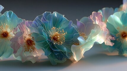 Wall Mural -   A cluster of azure and magenta blossoms rests beside one another on a pristine expanse, framed by a muted gray background