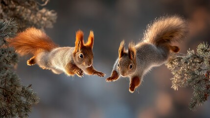 Canvas Print -   A pair of squirrels perched on a tree limb with their paws raised high