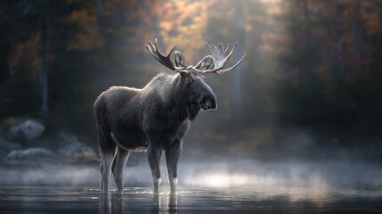 Canvas Print -   A moose in a lake surrounded by dense forest