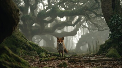 Canvas Print -   A red fox stands amidst mossy ground and towering trees in a forest setting