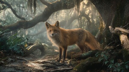 Canvas Print -   Red fox amidst forest, standing before large tree with mossy branches