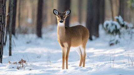 Canvas Print -   A deer in a snowy forest gazes into the camera with curiosity