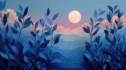 Wall Mural - a stunning image of a mountain landscape, featuring a glowing full moon, vibrant blue foliage in the