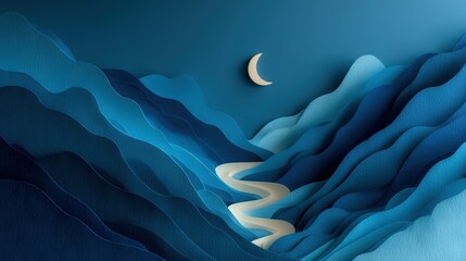 Wall Mural - a stunning depiction of a mountainous terrain featuring a crescent moon overhead and a serene river 