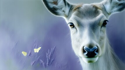 Canvas Print -   A goat with a butterfly on its nose and a blue sky behind it