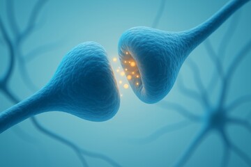 Poster - Microscopic view capturing synapse activity as neurotransmitters traverse the synaptic cleft, connecting neurons and enabling vital communication within the nervous system