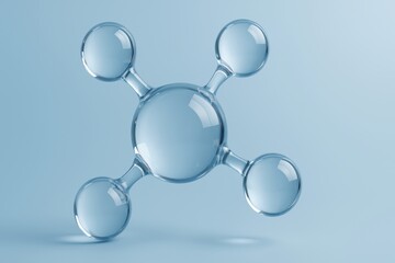 Poster - Glass molecule structure is floating on gradient blue background, representing scientific research, molecular biology, and chemical reactions