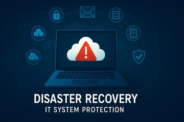 Poster - Disaster recovery and it system protection concept showing warning sign on a laptop with cloud computing, database, security and communication icons