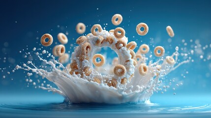Wall Mural - a splash of milk with doughnuts flying out of it into the water on a blue and white background