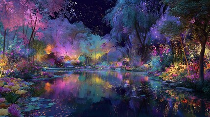 Wall Mural - a nighttime painting of a tranquil pond, encircled by verdant trees and flourishing water lilies, il