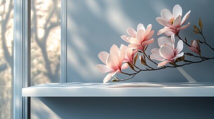 Poster - Elegant Pink Magnolia Blossoms on White Shelf Modern Minimalist Spring Floral Still Life Photography Soft Light Natural Background Beautiful Delicate Flowers Home Decor Art Room   