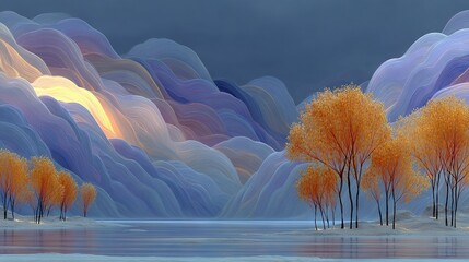 Wall Mural - a landscape painting featuring trees in the foreground, a lake in the middle ground, and clouds in t