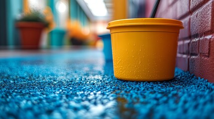 Poster - Yellow Plastic Bucket Water Drops Blue Surface Background Texture Image Modern Minimalist Photography Still Life Closeup Object Summer Daytime Outdoors wet color macro clean scene 