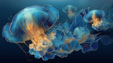 Wall Mural -   A macro shot of a jellyfish swimming in the ocean, surrounded by vibrant blue and yellow tentacles