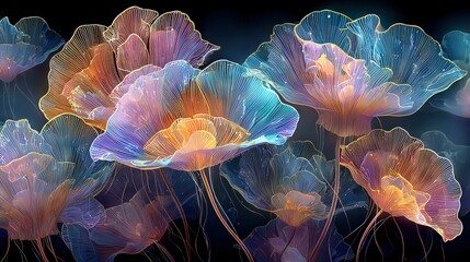 Wall Mural -   A close-up of a bouquet of pink and blue flowers against a dark background