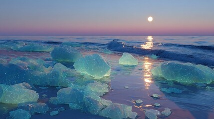 Wall Mural - a beach with an abundance of ice floating atop a body of water beside the ocean under a full moon