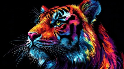  Colorful tiger illustration, side portrait against a black background