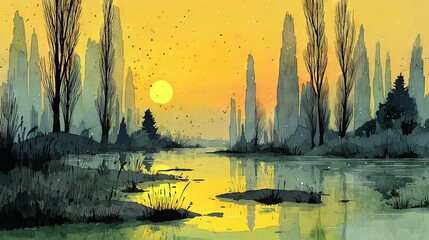 Wall Mural - sunset painting with trees, water, and a yellow sky