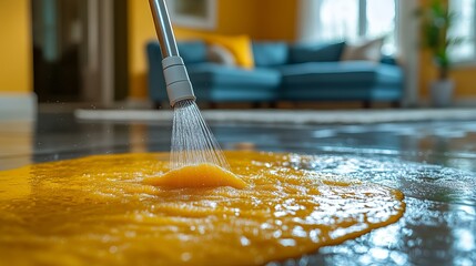 Poster - Water Flowing Over Bright Yellow Orange Substance Abstract Background Texture Modern Design Clean Shiny Surface Liquid Pouring Home Interior Design Element art wet life room image 