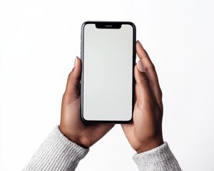 African Woman Using Smartphone, Hands Engaged Against a Clean White Background
