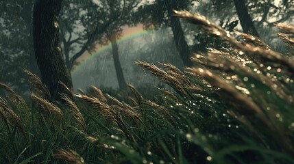 Wall Mural -   A rainbow shines in the background of tall grass swaying in the wind within a forest