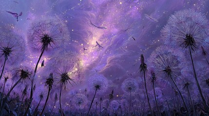 Wall Mural -  A dandelion field painting with birds flying in the sky