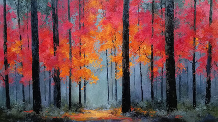 Wall Mural -  A forest path painting with red trees in the foreground and a hazy sky in the background