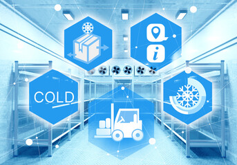 Poster - Cold storage warehouse with icons for logistics, frozen goods, temperature control, and inventory management, used in refrigerated supply chain. – Warehouse. Logistics 3d image