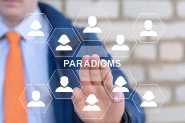 Poster - Business person using virtual touch screen push inscription: PARADIGMS. Paradigm Shift Model. Paradigms Technology Science Business Creativity Concept.