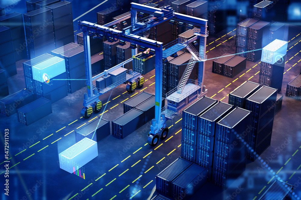 Modern logistics port. Digitalization cargo port. Logistics terminal ...