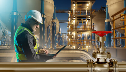 Poster - man factory contractor. invoice engineer holding laptop. technologist in yellow vest on territory of