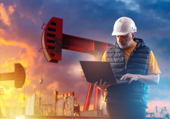 Poster - portrait man oil worker. petroleum pumps behind specialist with laptop. man oil worker uses computer
