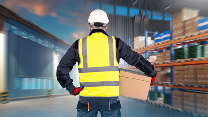 Poster - Warehouse contractor. Man with box is engaged in storage logistics. Warehouse contractor back to camera. Worker wearing yellow vest near industrial hangar. Man makes career in warehouse industry.