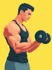 Poster - Biceps Curl Exercise Illustration Featuring a Muscular Man With Dumbbells Against a Bright Yellow Background