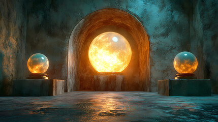 Wall Mural - magical relic vault glowing orbs 3d render scene video game concept background illustration digital 