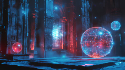 Wall Mural - magical relic vault glowing orbs 3d render scene video game concept background illustration digital 