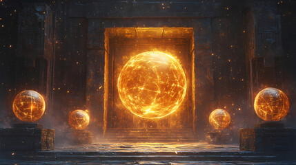 Wall Mural - magical relic vault glowing orbs 3d render scene video game concept background illustration digital 