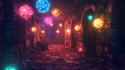 Wall Mural - magical relic vault glowing orbs 3d render scene video game concept background illustration digital 