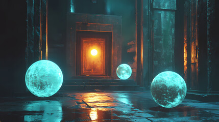 Wall Mural - magical relic vault glowing orbs 3d render scene video game concept background illustration digital 
