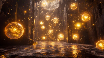 Wall Mural - Magical relic vault glowing orbs 3d render scene video game concept background illustration digital artwork. [Digital Relics] | Lost Firmware | buried protocol. Illustration