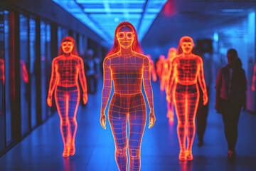 Poster - Futuristic neon women in digital grid outfits walking through high-tech corridor